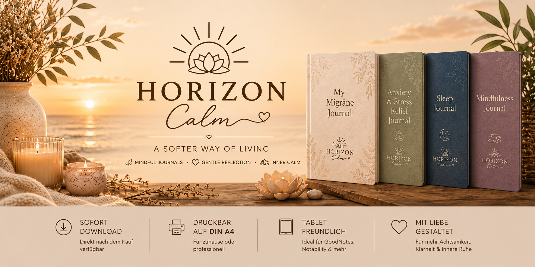 bannerb von horizon calm mit journals und meer im Hintergrund